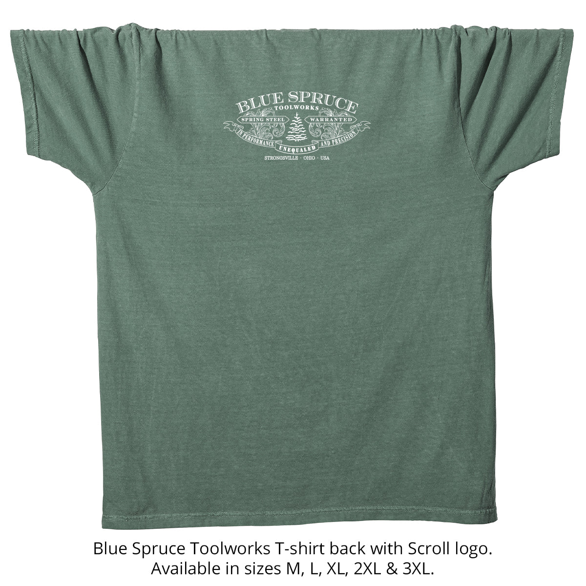 The back of the Blue Spruce T-Shirt on a white background with the scroll logo.