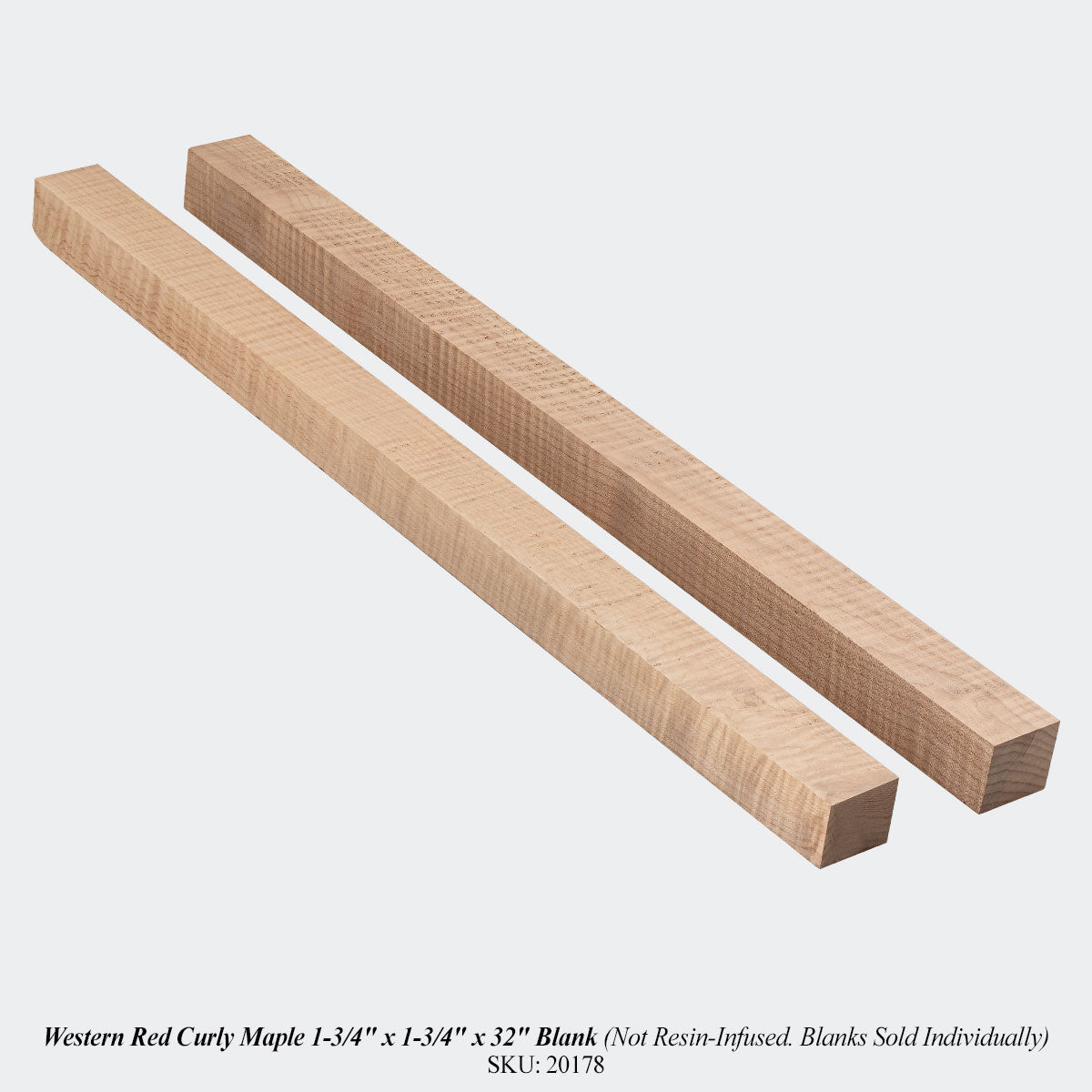 Western Red Curly Maple 1-3/4" x 1-3/4" x 32" Blank (Not Resin-Infused. Blanks Sold Individually). SKU: 20178