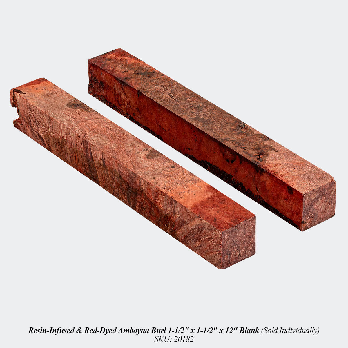 Resin-Infused & Red-Dyed Amboyna Burl 1-1/2" x 1-1/2" x 12" Blank (Sold Individually). SKU: 20182