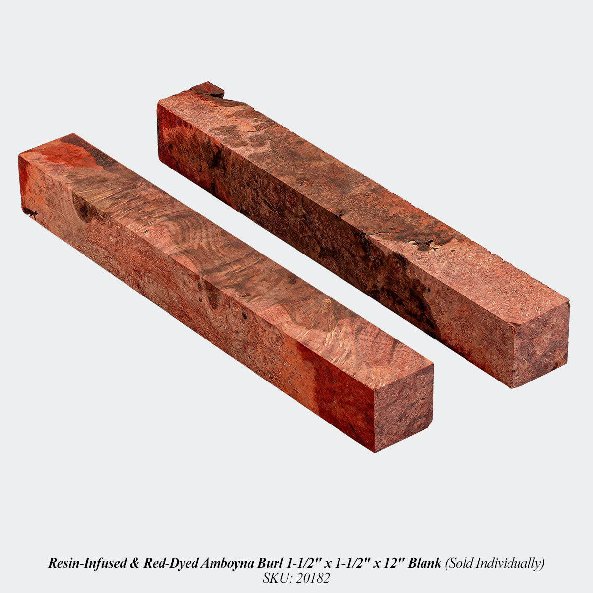 Resin-Infused & Red-Dyed Amboyna Burl 1-1/2" x 1-1/2" x 12" Blank (Sold Individually). SKU: 20182