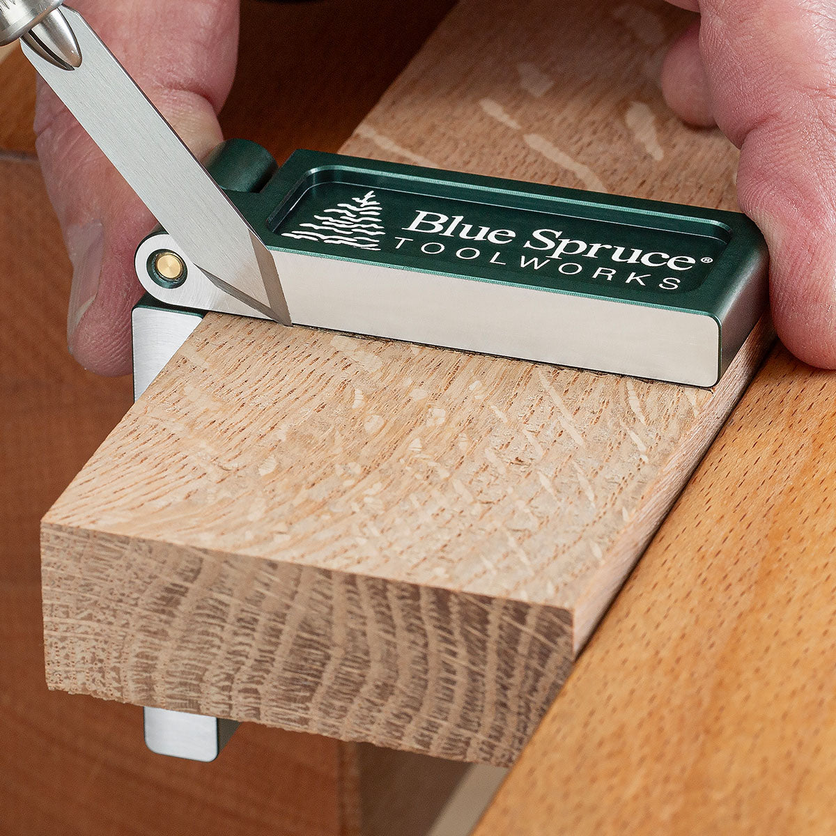 Laying out tenon shoulders using Folding Saddle Square and marking knife.