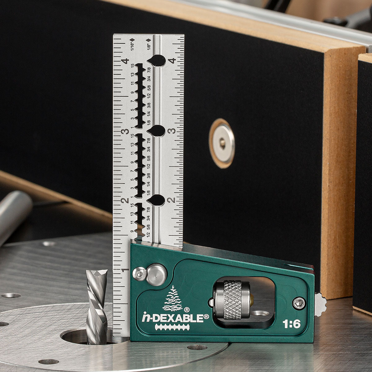The Joiner's Combination Square standing upright on a router table to set the height of the router bit.