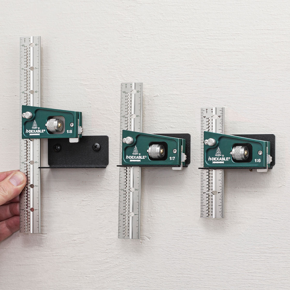 All three sizes of the Joiner's Combination Squares mounted in their Rack-Its.