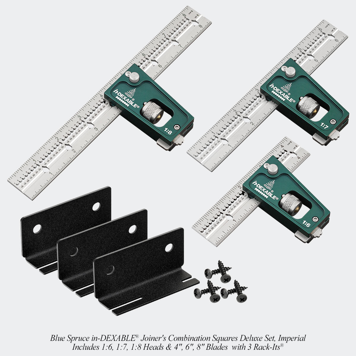 Blue Spruce in-DEXABLE® Joiner's Combination Squares Deluxe Set, Imperial. Includes 1:6, 1:7, 1:8 Heads & 4", 6", 8" Blades  with 3 Rack-Its®