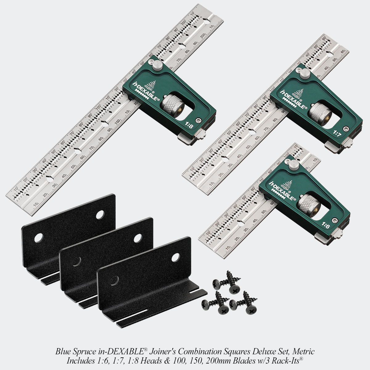 Blue Spruce in-DEXABLE® Joiner's Combination Squares Deluxe Set, Metric. Includes 1:6, 1:7, 1:8 Heads & 100, 150, 200mm Blades w/3 Rack-Its®