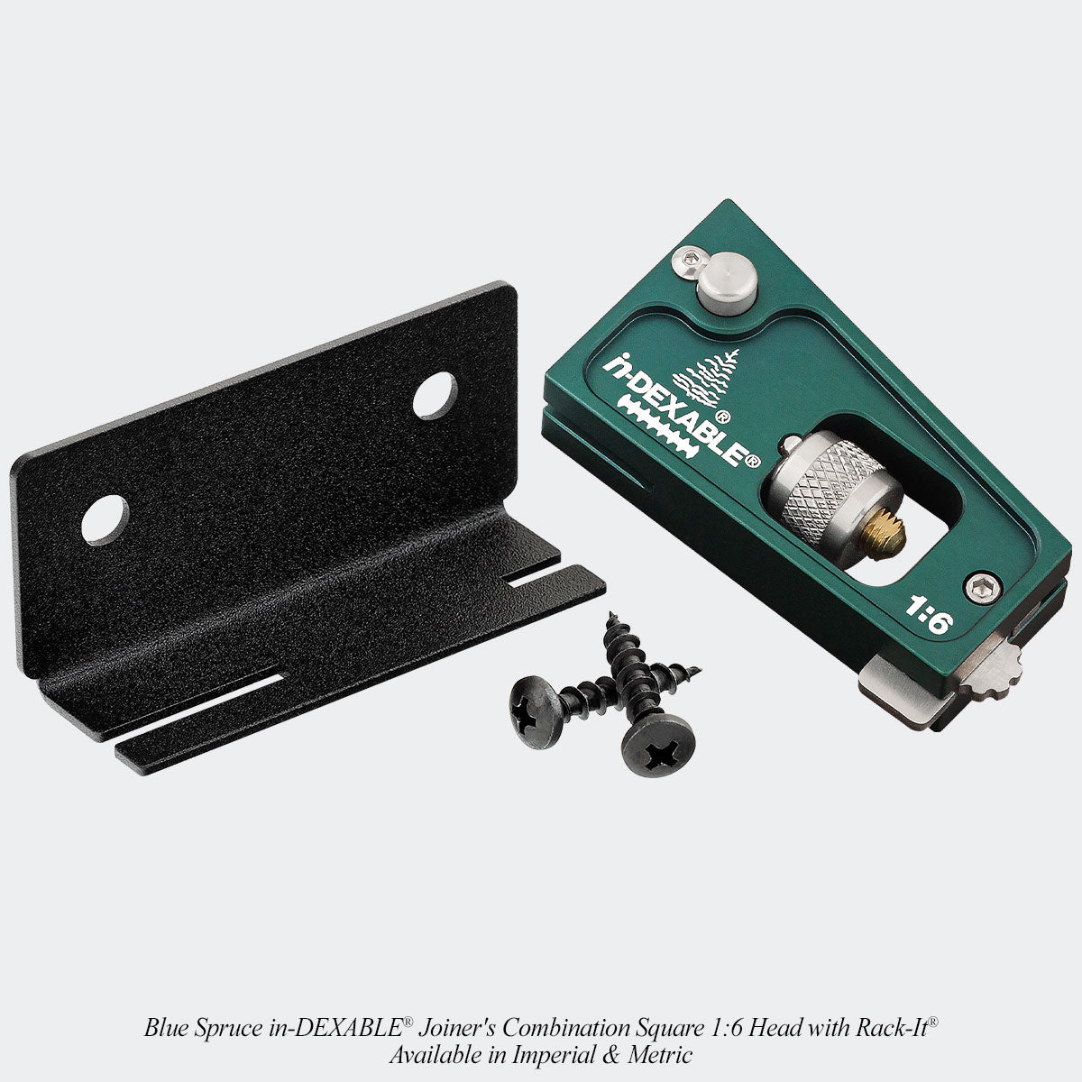 Blue Spruce in-DEXABLE® Joiner's Combination Square 1:6 Head with Rack-It®. Available in Imperial & Metric