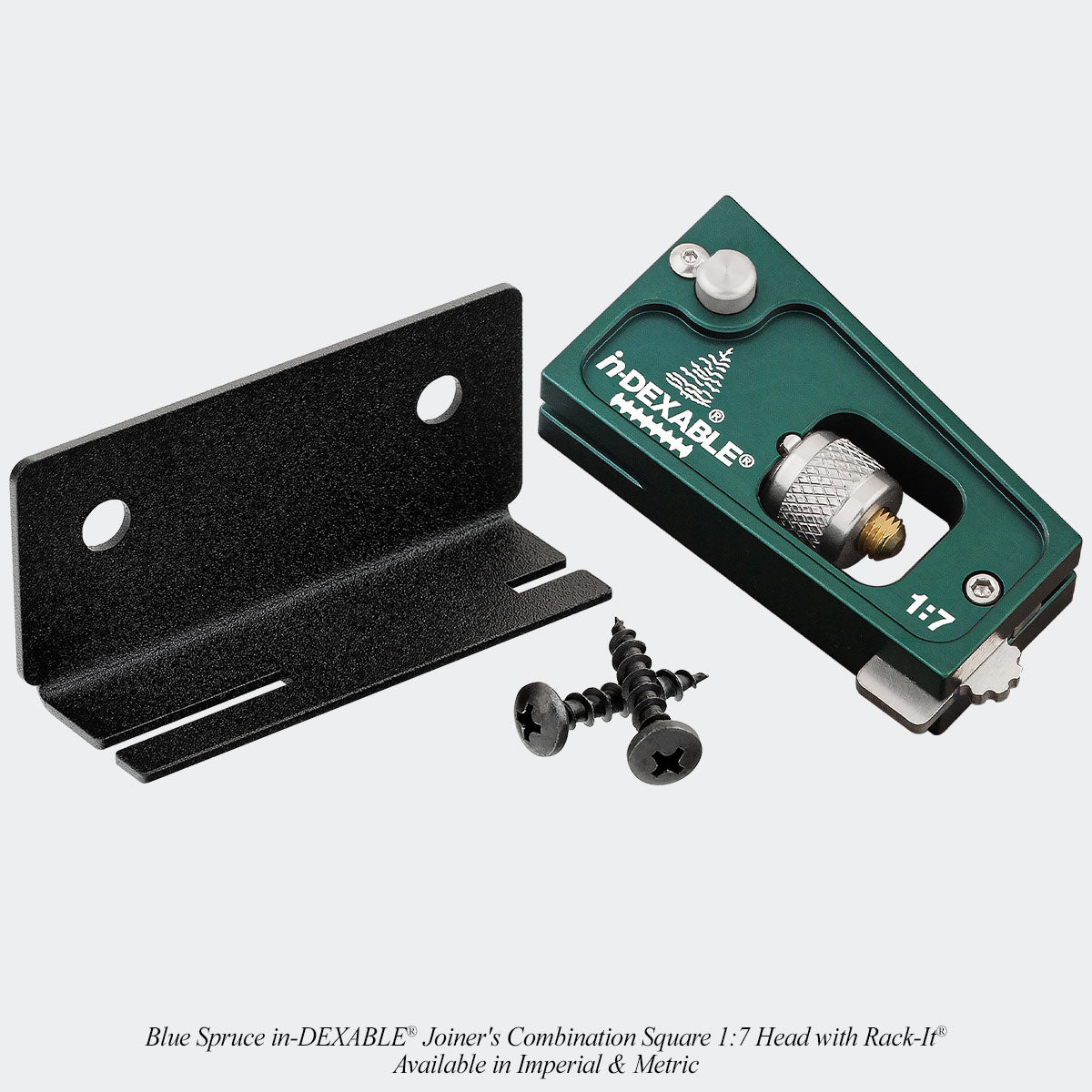Blue Spruce in-DEXABLE® Joiner's Combination Square 1:7 Head with Rack-It®. Available in Imperial & Metric