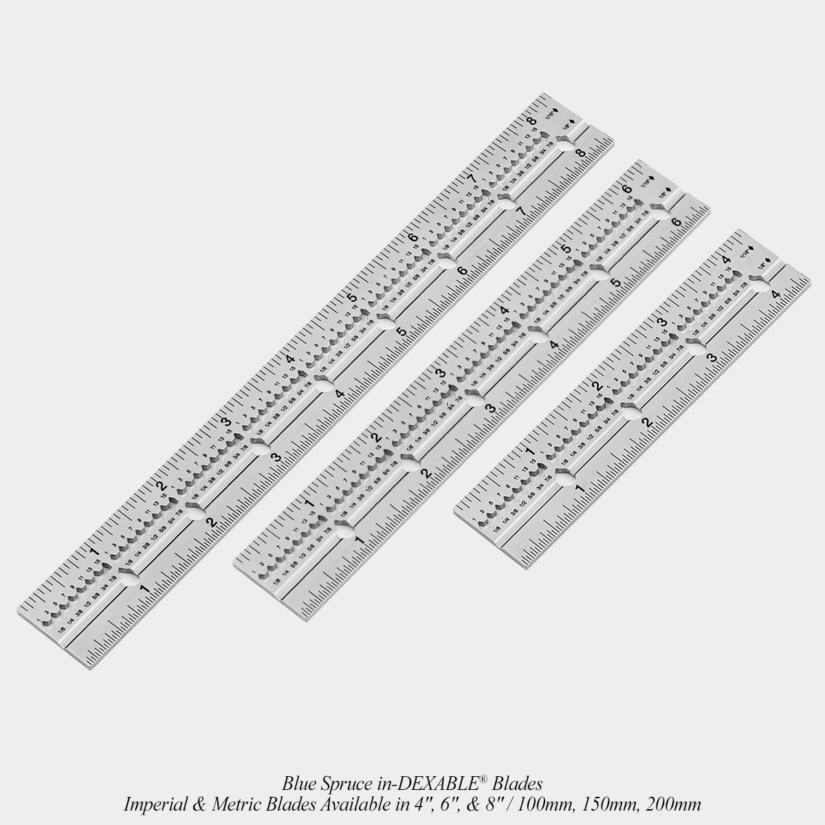 Blue Spruce in-DEXABLE® Blades. Imperial & Metric Blades Available in 4", 6", & 8" / 100mm, 150mm, 200mm
