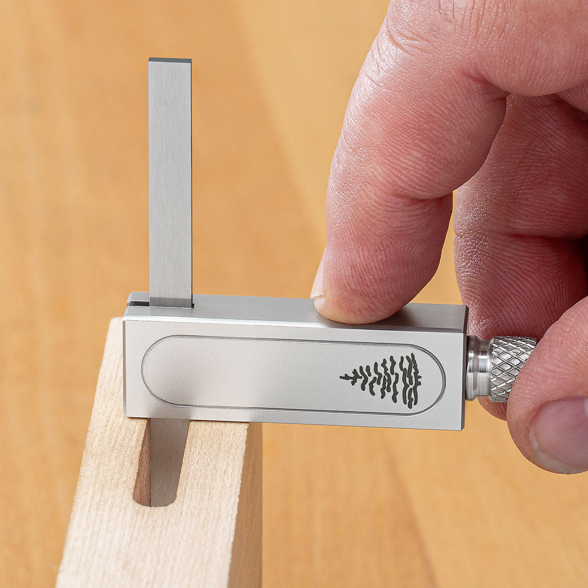 Micro-Double Square with narrow blade checking a mortise in hard maple