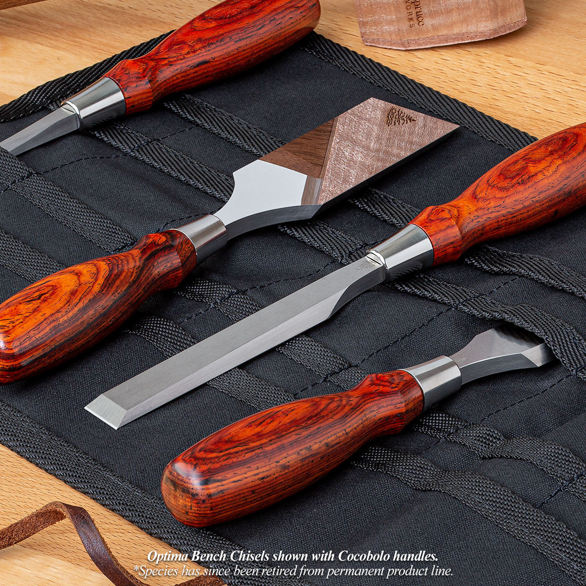 Optima Bench Chisels shown with Cocobolo handles. *Species has since been retired from permanent product line.