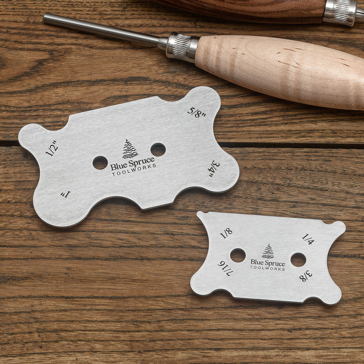 Both sizes of the Blue Spruce Contoured Card Scraper.