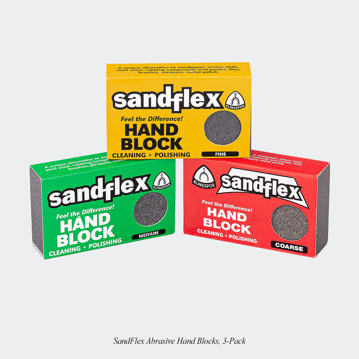 SandFlex Abrasive Hand Blocks, 3-Pack. Includes Coarse, Medium and Fine Hand Blocks.