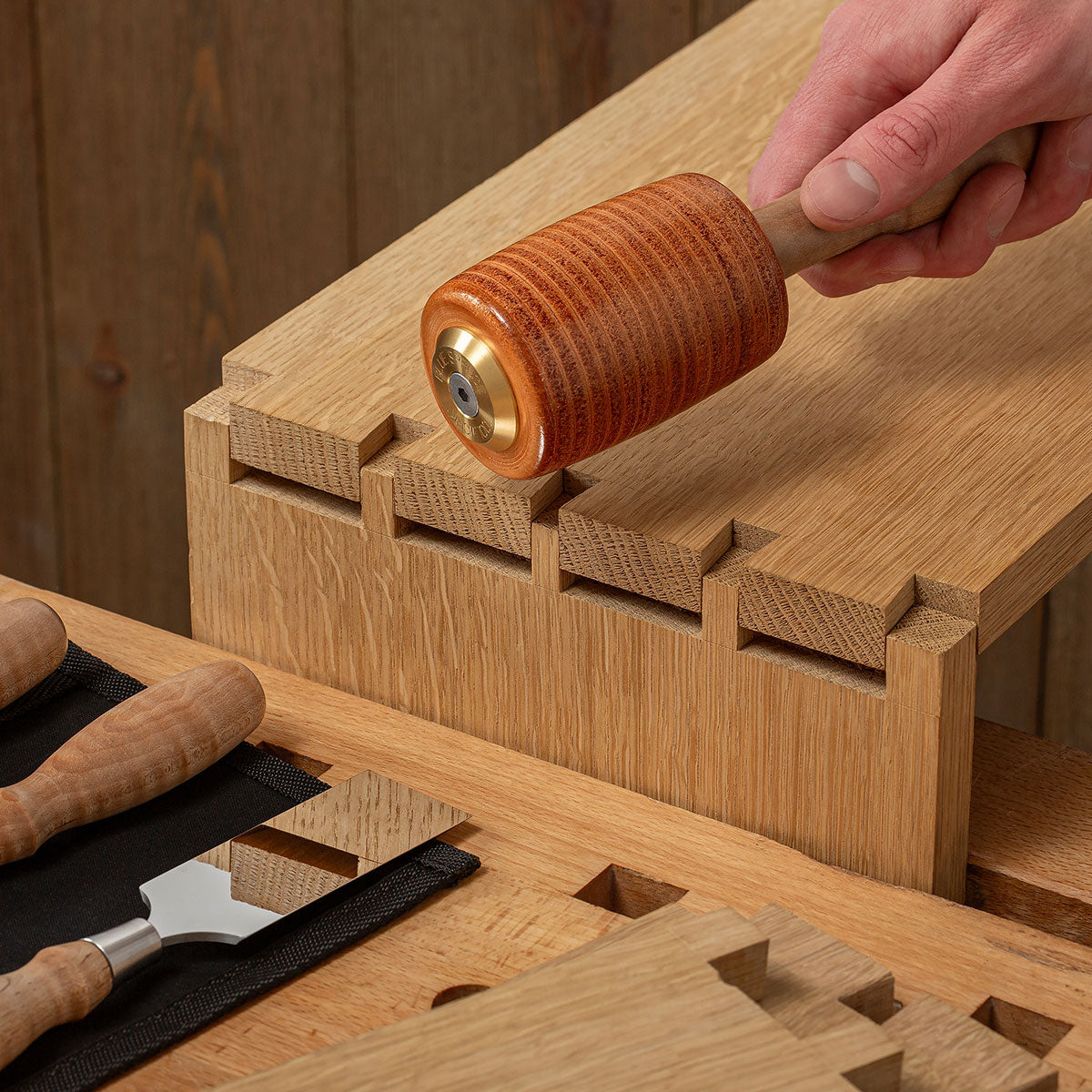 The Blue Spruce Leather Assembly Mallet delivers the exact amount of force needed with just the right heft and balance.