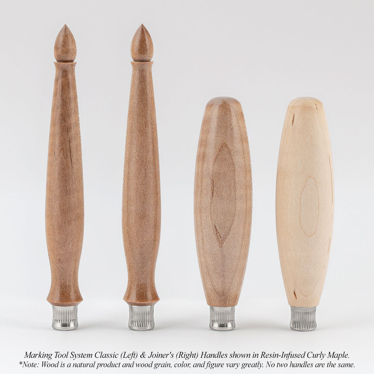 Marking Tool System Classic (Left) & Joiner's (Right) Handles shown in Resin-Infused Curly Maple. *Note: Wood is a natural product and wood grain, color, and figure vary greatly. No two handles are the same.