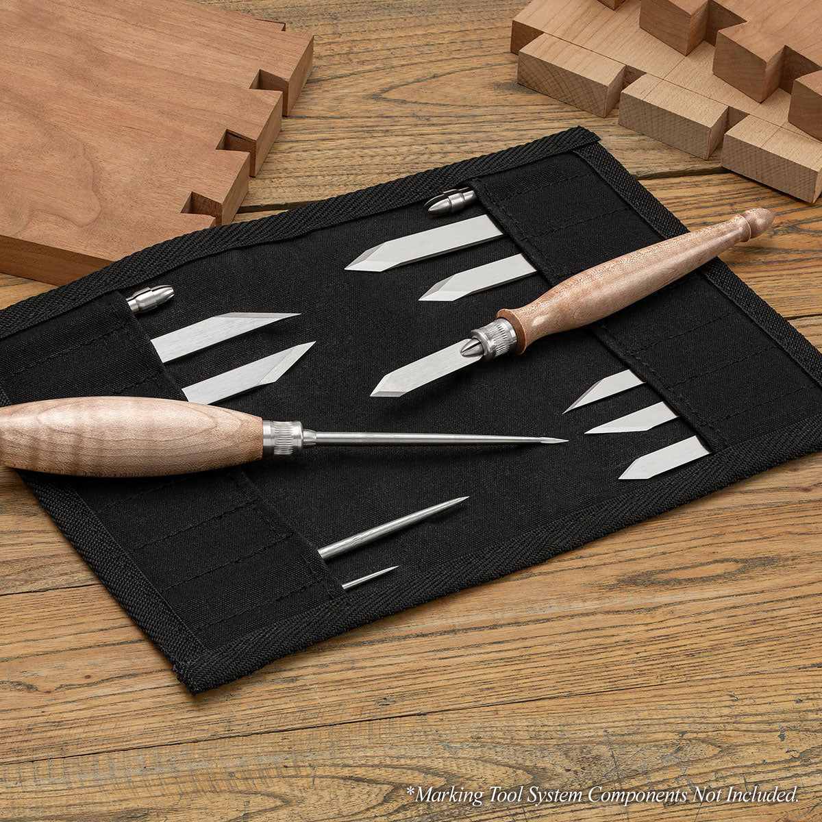 The Marking Tool System Wallet shown with the many Marking Tool System blades and components (not included with wallet).