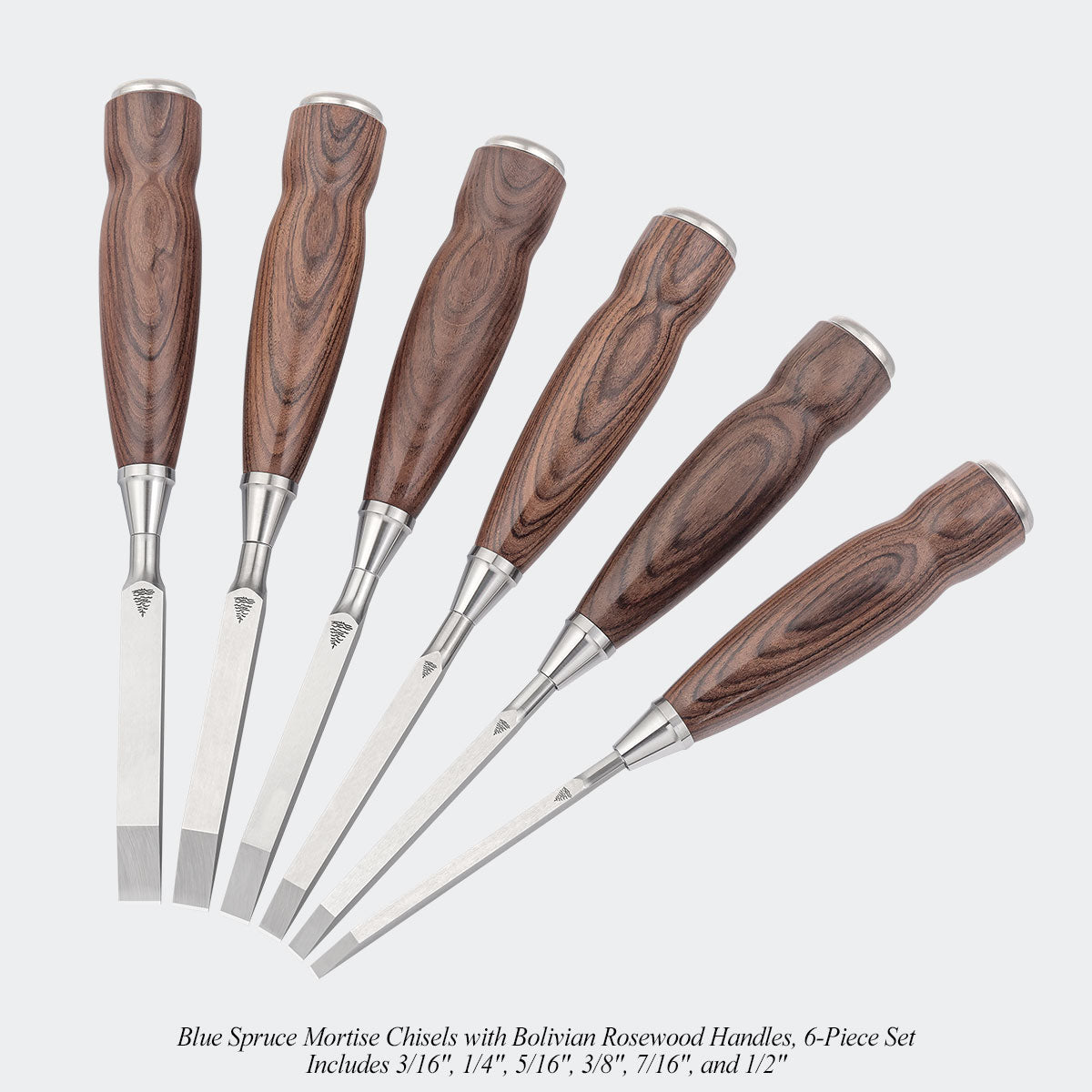Blue Spruce Mortise Chisels with Bolivian Rosewood Handles, 6-Piece Set. Includes 3/16", 1/4", 5/16", 3/8", 7/16", and 1/2".