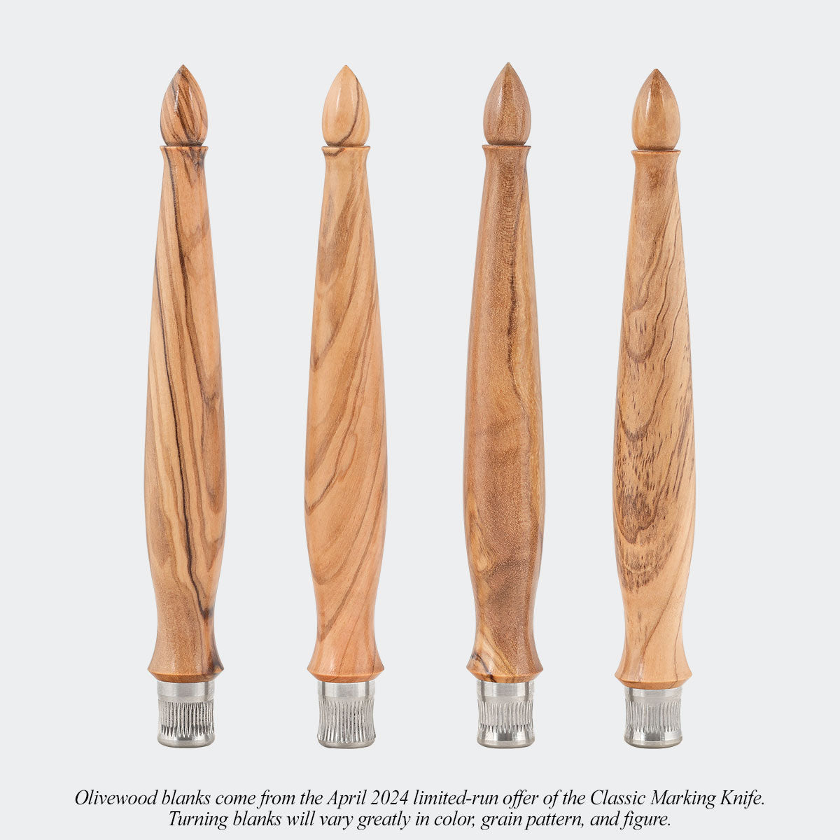 Olivewood blanks come from the April 2024 limited-run offer of the Classic Marking Knife. Turning blanks will vary greatly in color, grain pattern, and figure.