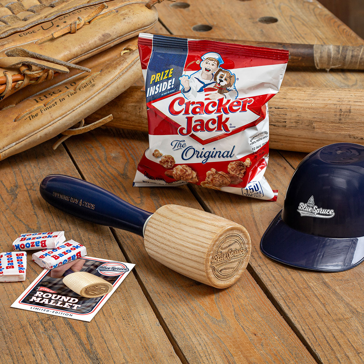 Included with the Limited-Edition Opening Day Mallet is an exclusive mini-helmet, a certificate of authenticity “trading card,” pieces of Bazooka bubble-gum and a bag of Cracker Jack.
