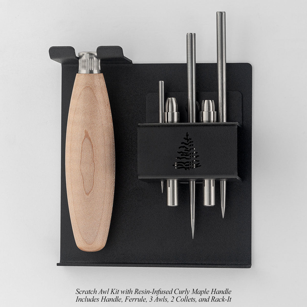 Scratch Awl Kit with Resin-Infused Curly Maple Handle. Includes Handle, Ferrule, 3 Awls, 2 Collets, and Rack-It.