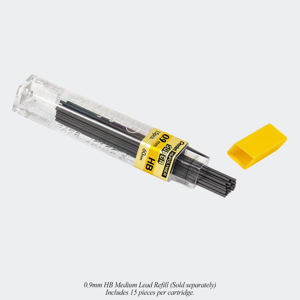 0.9mm HB Medium Lead Refill. Includes 15 pieces per cartridge.