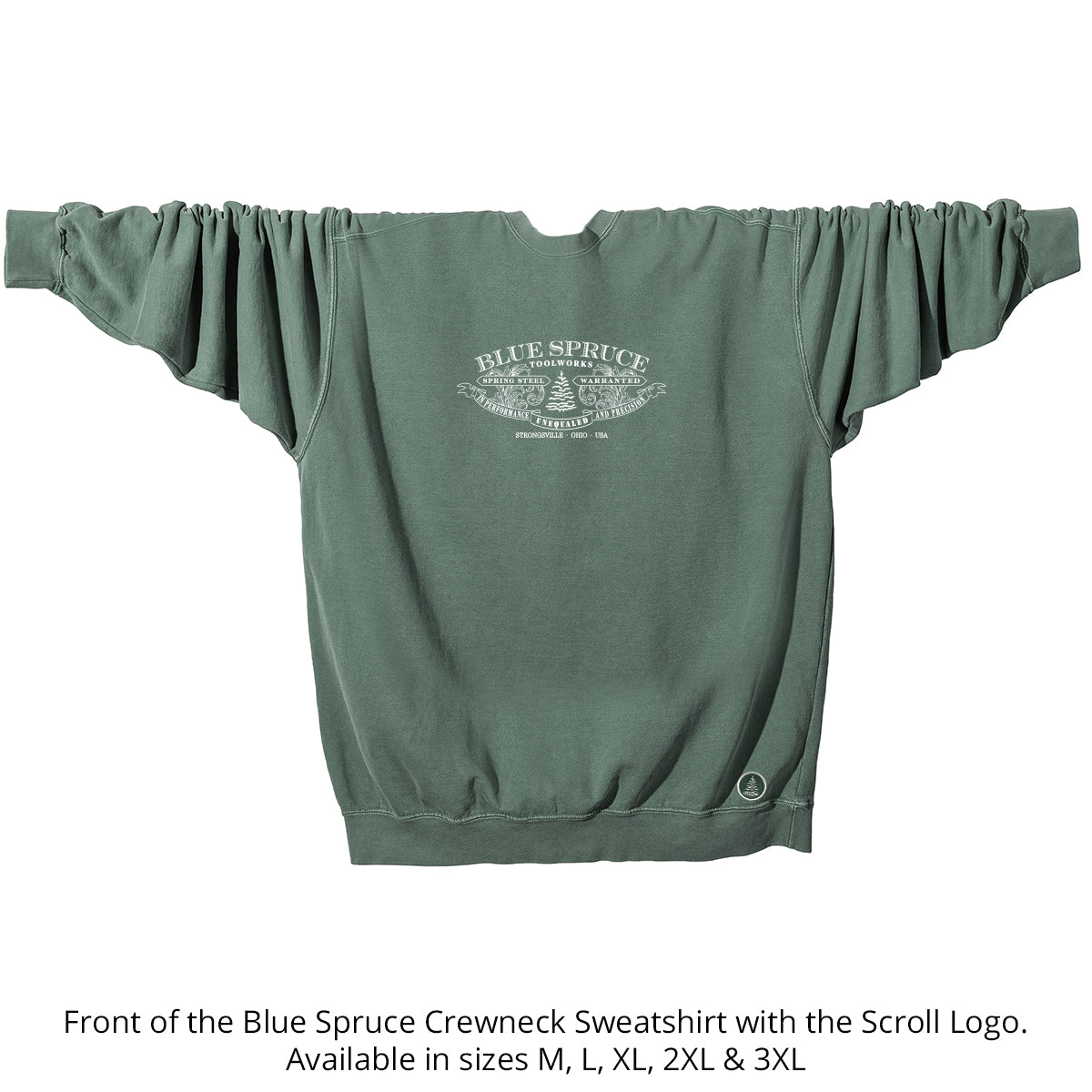 The Blue Spruce crewneck sweatshirt with the scroll logo against a white background. 