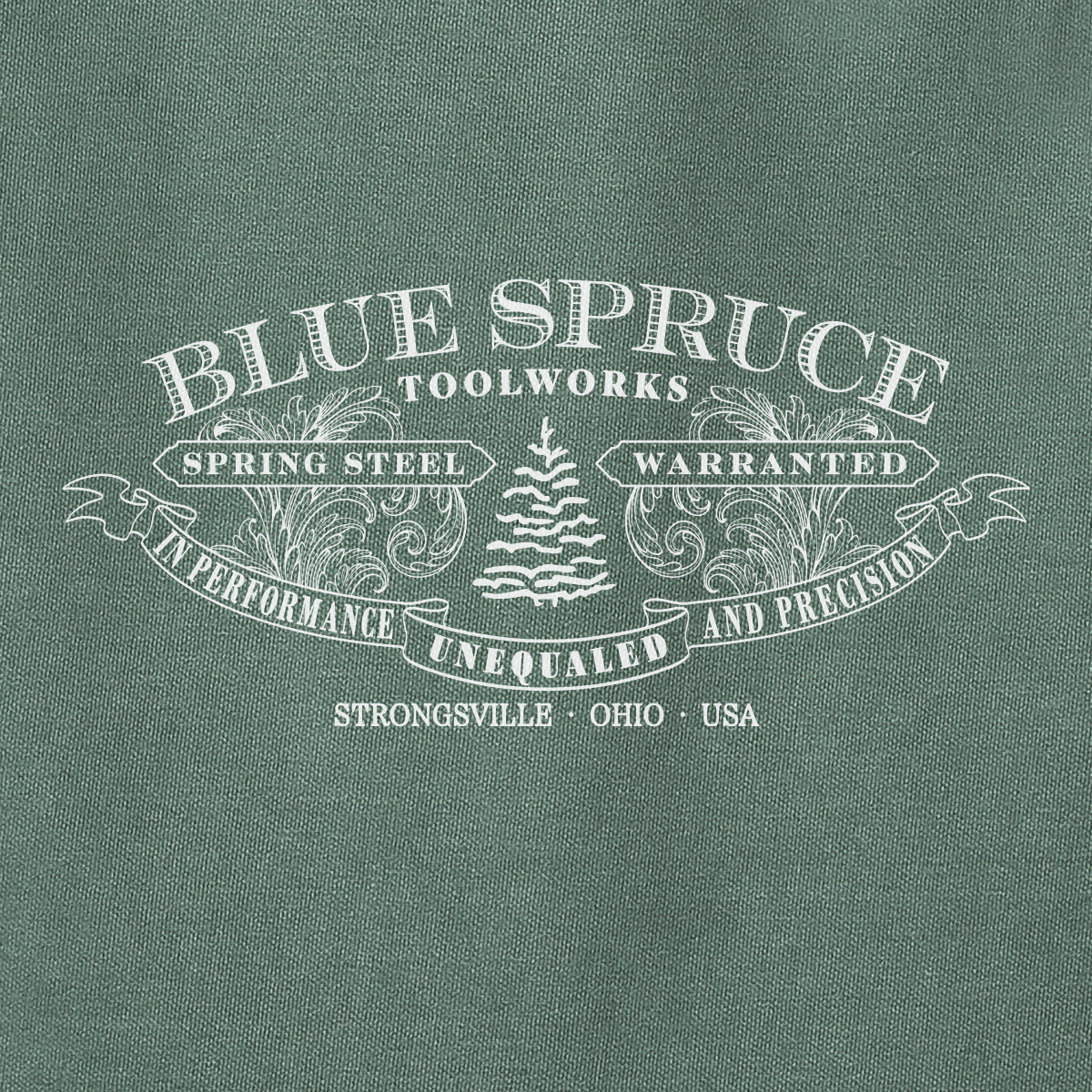 Close-up view of the Blue Spruce scroll logo.