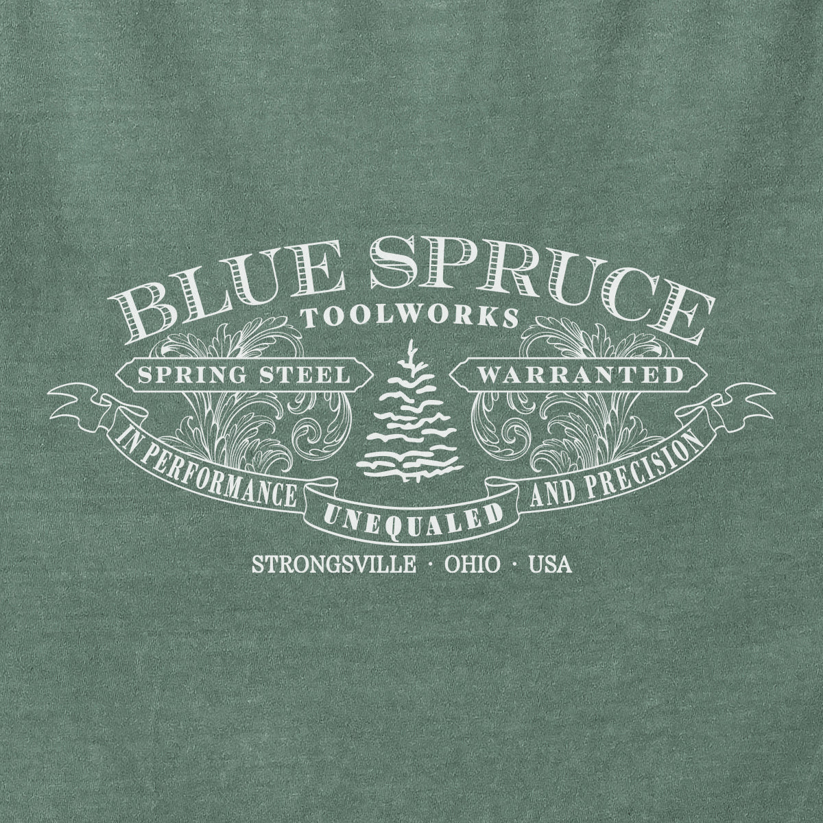 Close-up view of the back Blue Spruce Scroll Logo.