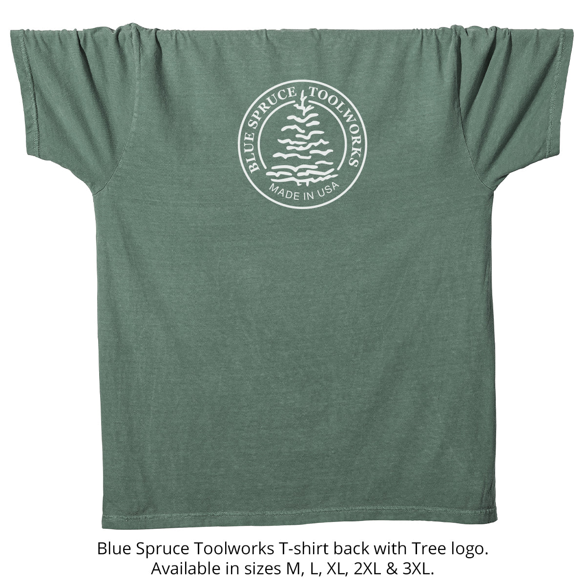 The back of the Blue Spruce T-Shirt on a white background with the Blue Spruce logo. 