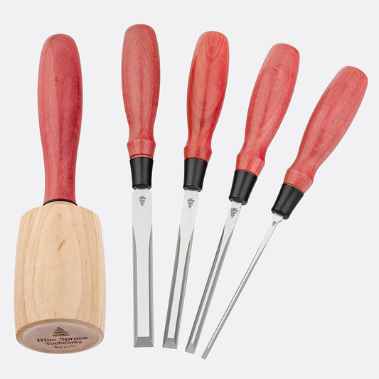 4-Piece Dovetail Chisel Set & Round Mallet with Pink Ivory Handles - Set #3