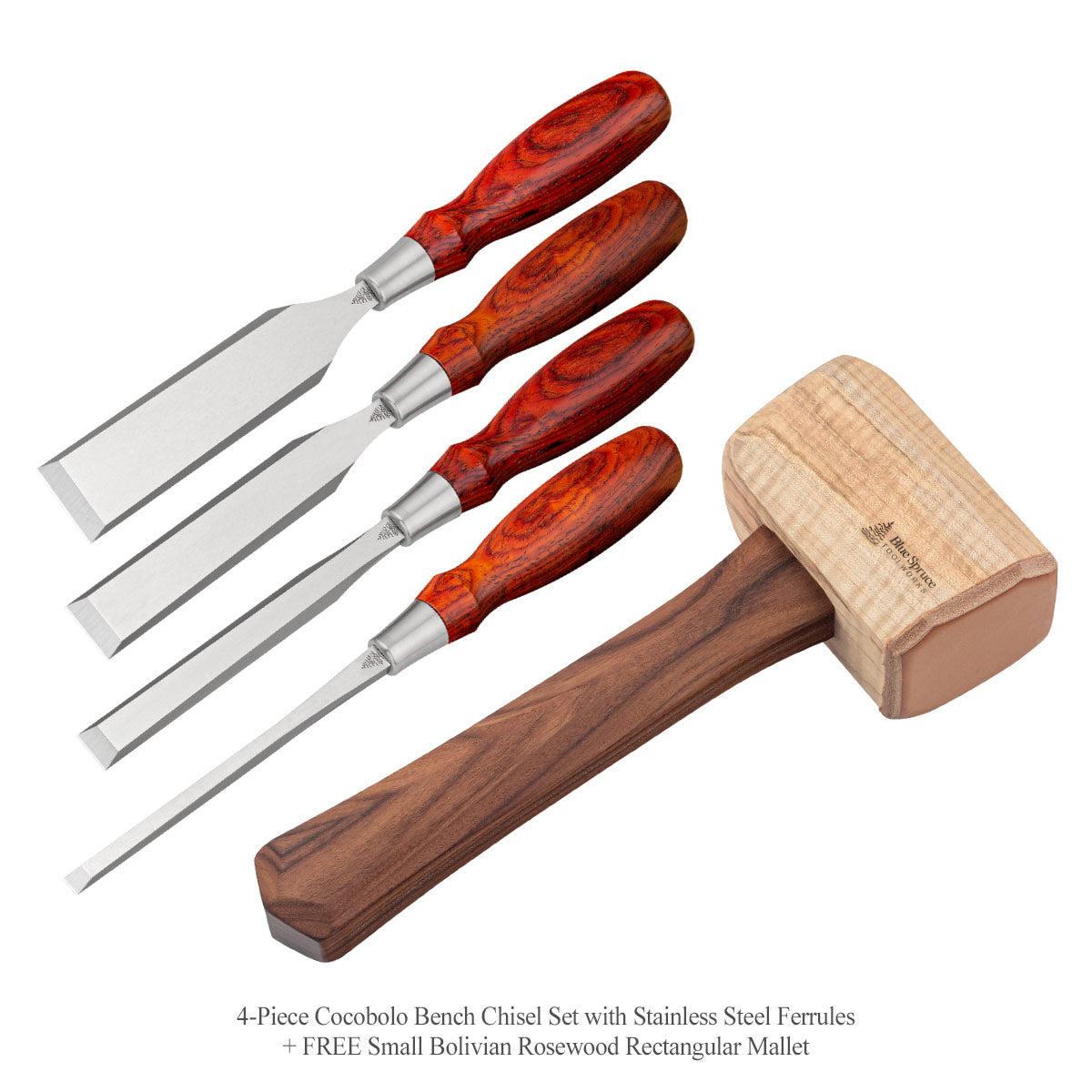 4-Piece Cocobolo Bench Chisel Set + FREE Small Rectangular Mallet