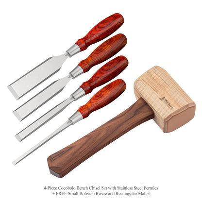 4-Piece Cocobolo Bench Chisel Set + FREE Small Rectangular Mallet
