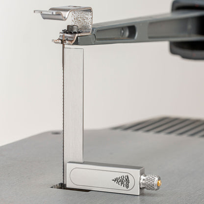 Micro-Double Square checking squareness of installed scroll saw blade.