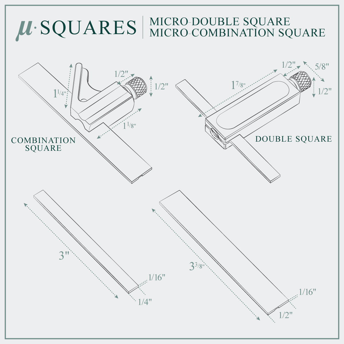 Line drawings of the Micro-Squares and blades showing dimensions.