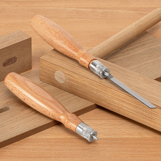The Beech Jigsaw Blade Handle shown with and without a blade installed. 