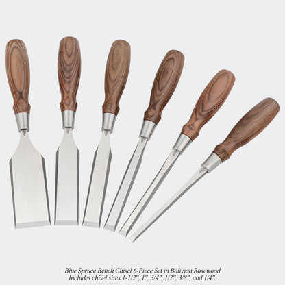 Blue Spruce Bench Chisel 6-Piece Set in Bolivian Rosewood. Includes chisel sizes 1-1/2", 1", 3/4", 1/2", 3/8", and 1/4".