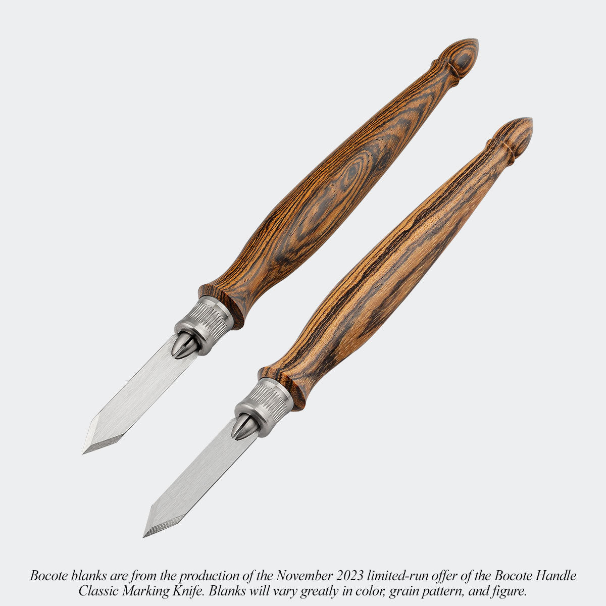 Bocote blanks are from the production of the November 2023 limited-run offer of the Bocote Handle Classic Marking Knife. Blanks will vary greatly in color, grain pattern, and figure.
