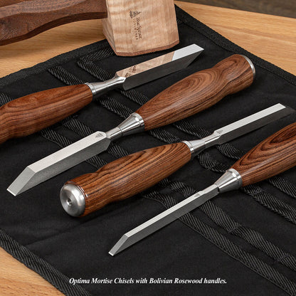 Optima Mortise Chisels with Bolivian Rosewood handles.