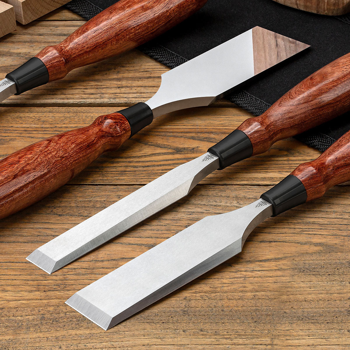 Limited-Edition Bench Chisels with Waterfall Bubinga handles and black ferrules.
