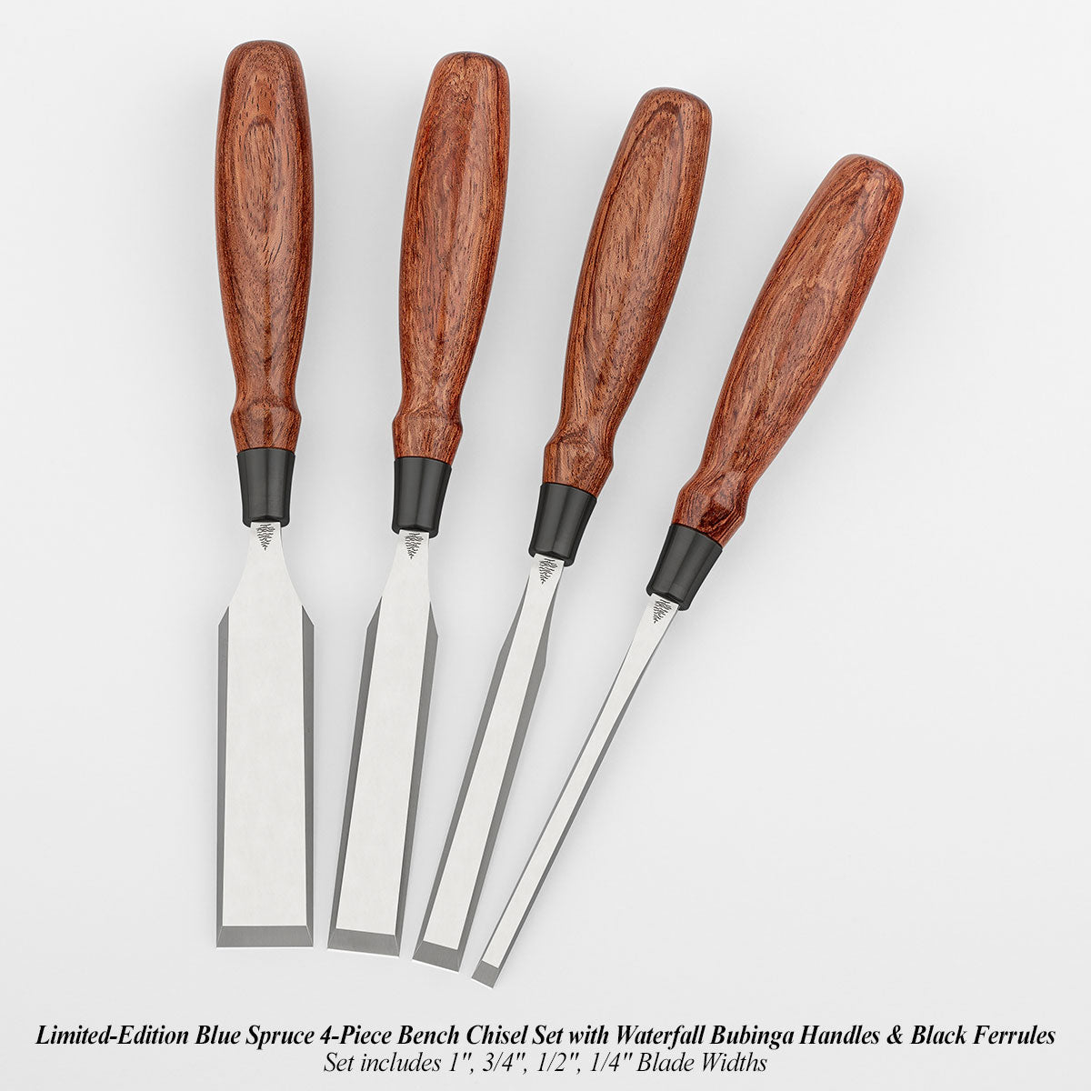 Limited-Edition Blue Spruce 4-Piece Bench Chisel Set with Waterfall Bubinga Handles & Black Ferrules. Set includes 1", 3/4", 1/2", 1/4" Blade Widths