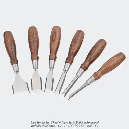 Blue Spruce Butt Chisel 6-Piece Set in Bolivian Rosewood. Includes chisel sizes 1-1/2", 1", 3/4", 1/2", 3/8", and 1/4".