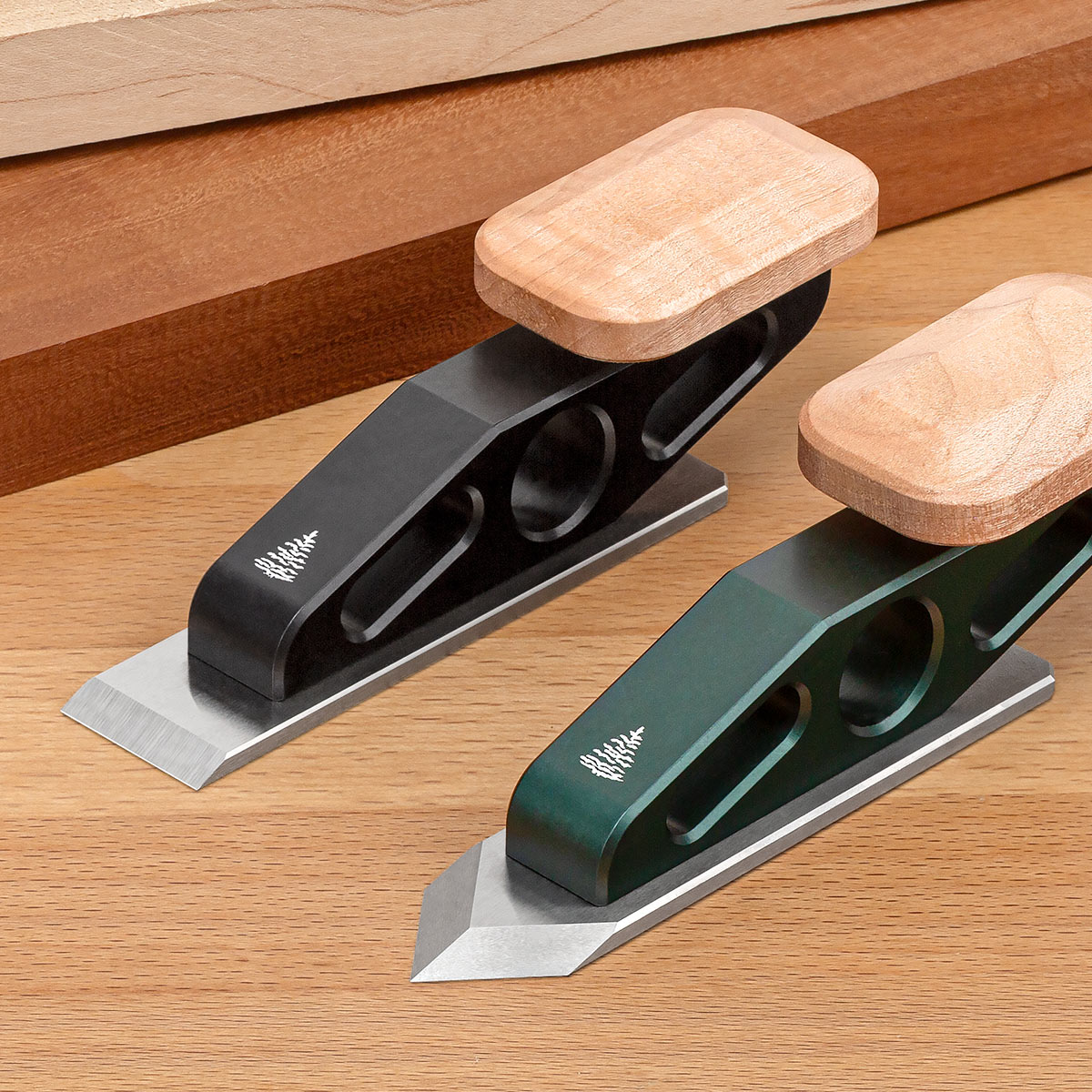 Blue Spruce Chisel Planes shown with a flat and spearpoint blade irons.