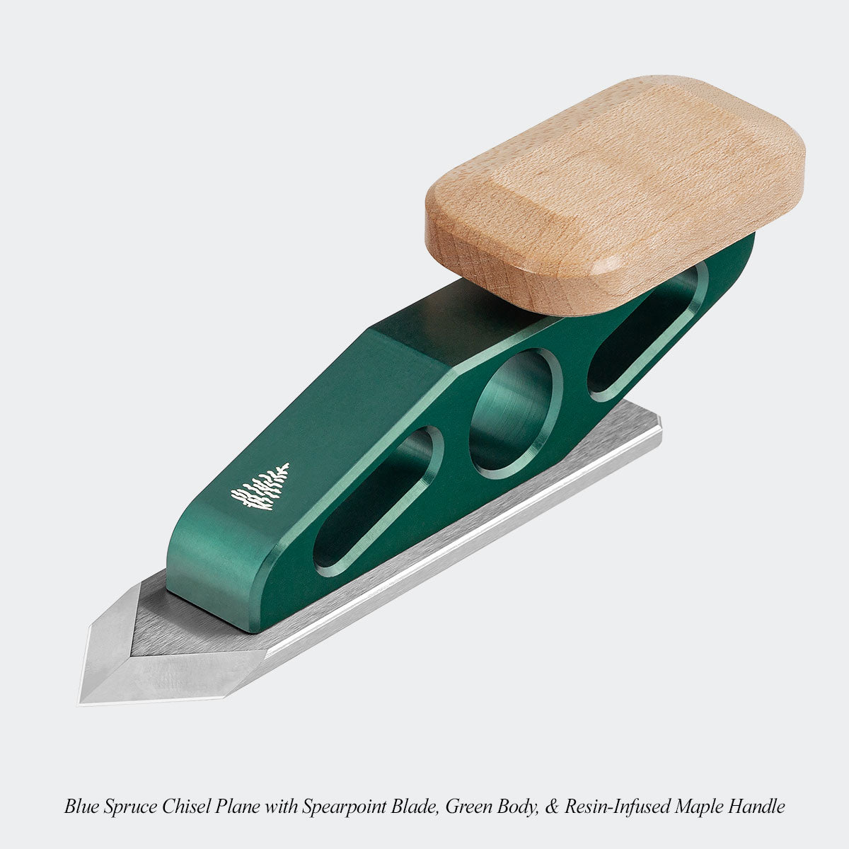 Blue Spruce Chisel Plane with Spearpoint Blade, Green Body, & Resin-Infused Maple Handle.