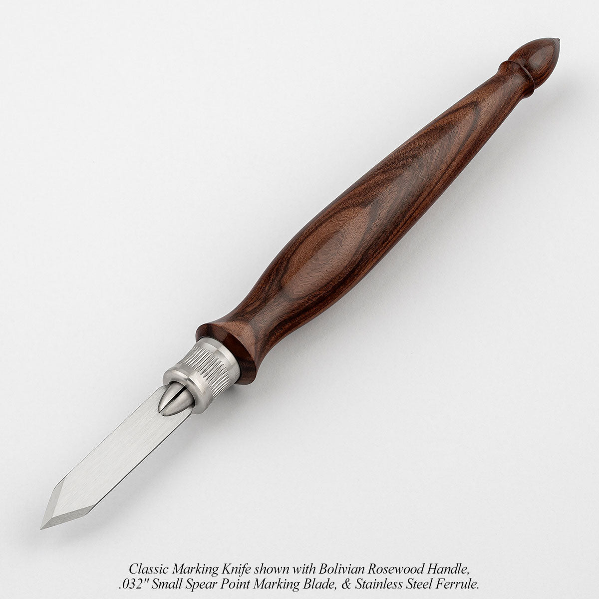 Classic Marking Knife shown with Bolivian Rosewood Handle, .032" Small Spear Point Marking Blade, & Stainless-Steel Ferrule.
