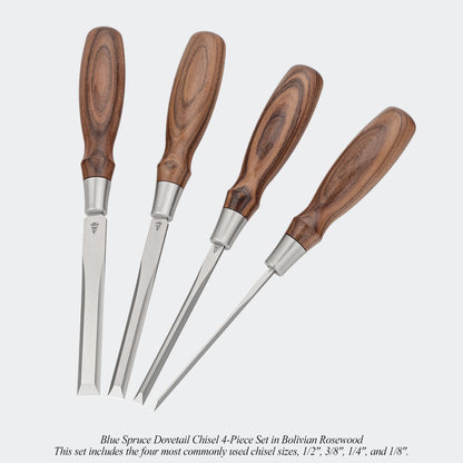 Blue Spruce Dovetail Chisel 4-Piece Set in Bolivian Rosewood. This set includes the four most commonly used chisel sizes, 1/2", 3/8", 1/4", and 1/8".