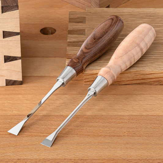 Two Blue Spruce Fishtail Chisels with 3/8” blades. Bolivian Rosewood handle on the left and a resin-infused Curly Maple handle on the right.