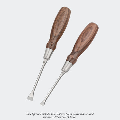 Blue Spruce Fishtail Chisel 2-Piece Set in Bolivian Rosewood. Includes 3/8" and 1/2" Chisels.