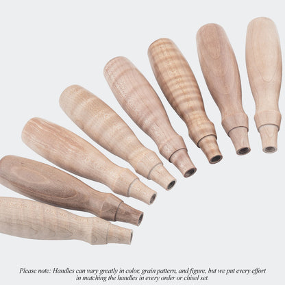 Wood is a natural product—handles can vary greatly in color, grain pattern, and figure. No two chisels will look the same, but we put every effort in matching handles in every order or chisel set.