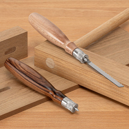 The Blue Spruce Jigsaw Blade Handle shown in Curly Maple and Bolivian Rosewood.