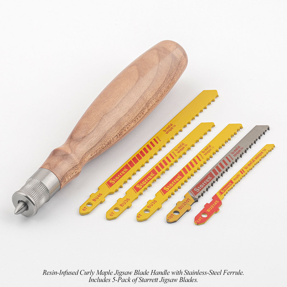 The Resin-Infused Curly Maple Jigsaw Blade Handle includes a 5-pack of Starrett jigsaw blades.