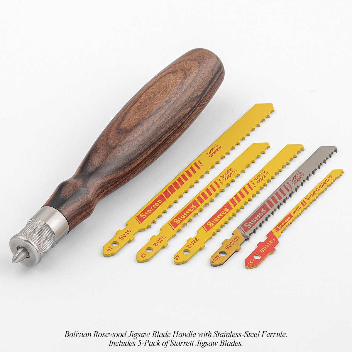 The Bolivian Rosewood Jigsaw Blade Handle includes a 5-pack of Starrett jigsaw blades.